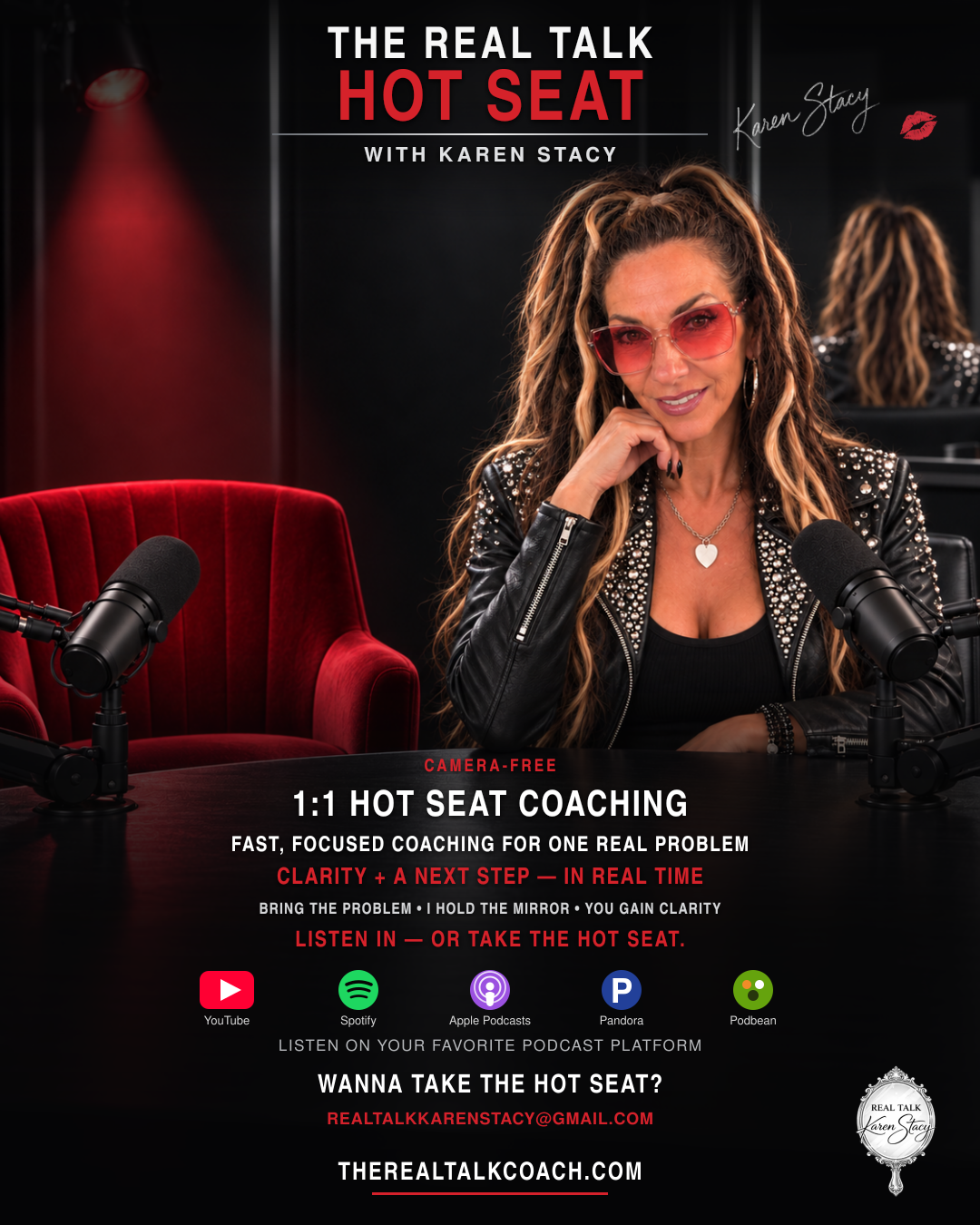 THE REAL TALK HOT SEAT flyer featuring Karen Stacy and an empty red chair
