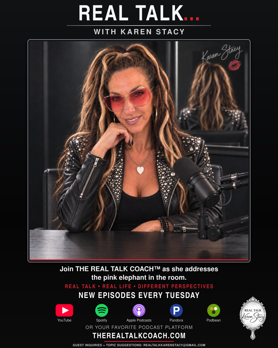 REAL TALK with Karen Stacy podcast flyer showing Karen at the microphone